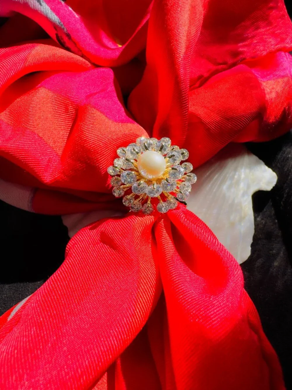 Sparkling CZ Flower Scarf Ring Pearl Center 2-in-1